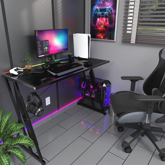Escritorio para Computadora Bicolor Acabado Alto Brillo Modelo Zi con Iluminación Tira de LED Neon RGBIC 104x50 cm color Negro / Gris Oscuro