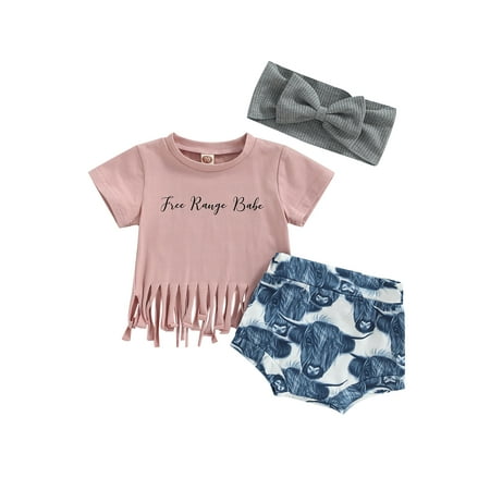 

EYIIYE Baby Girl Letter Short Sleeves Fringe Hem T-Shirt Tops Bull Head Triangle Shorts with Hairband 3PCS Set 0-24 Months