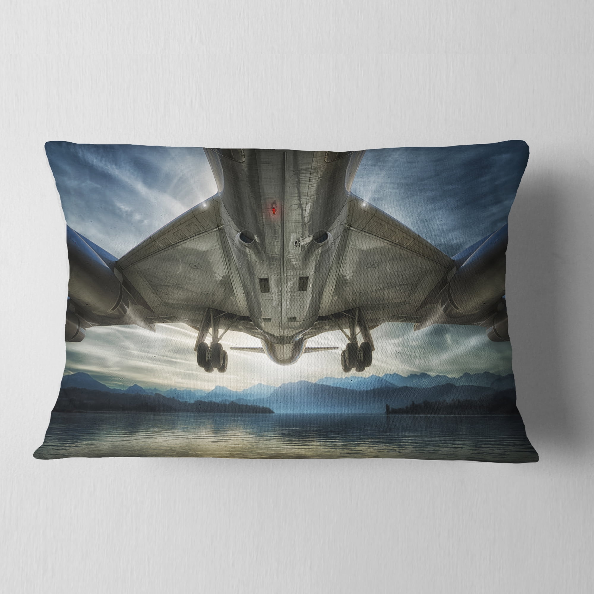 Designart Plane Over Beach and Sea - Seashore Photography Throw Pillow - 12x20