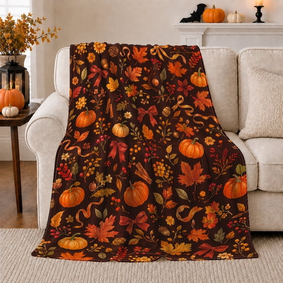Autumn Pumpkins Berries Draped Armchair Rustic Ribbons Traditional, Cozy Artistic Scene, Warm Flannel Blanket for Living Room and Bedroom, Art Lovers Thanksgiving Gift, Artistic Home Decor