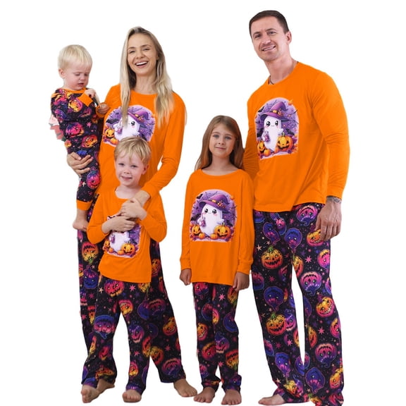 Onlypjs Matching Halloween Pajamas for Family Orange Tops Multicolor Pumpkin Print Sleepwear Sets Witch Hat Ghost Loungewear for Adults Women Men