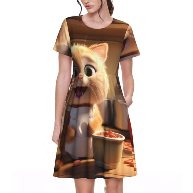 Balery Cartoon Cooking Cat Vestidos sueltos de manga corta para mujer, vestidos de verano 2025, vestidos casuales de corte A con vuelo.
