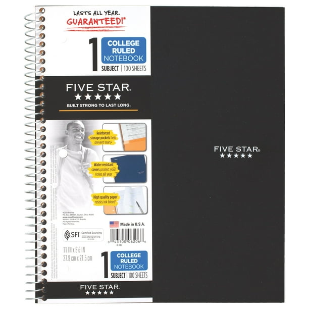 Five Star Notebook, 1 Subject, College Ruled, Black (72057) Walmart