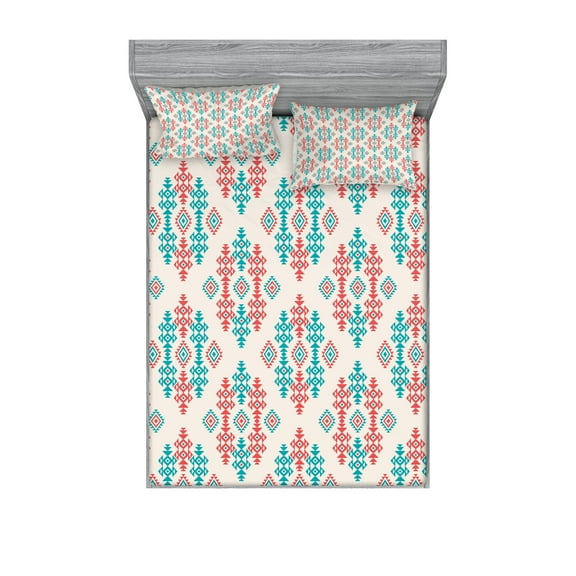 Ambesonne Ethnic Fitted Sheet & Pillow Sham Set, Traditional Local, Full, Coral Turquoise White