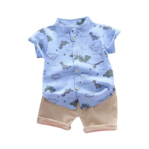 Odeerbi 1-5 Años Conjunto de Verano Para Niños Camisa de Manga Corta de Algodón Con Dinosaurio Conjunto de Dos Piezas Camisa Con Cuello Alto Estampada Pantalón Corto Con Cintura Elástica