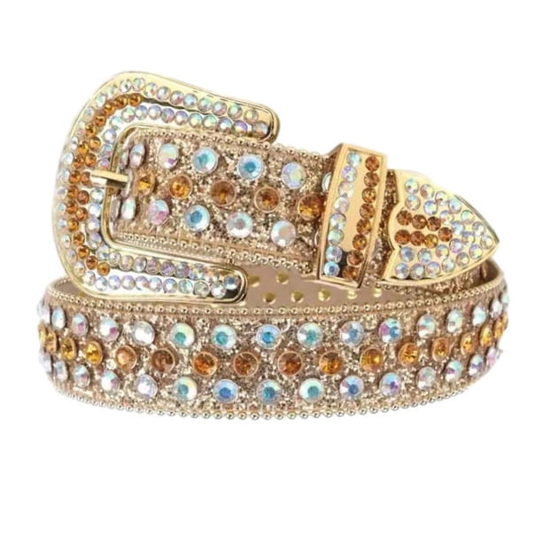 Zhuge Cinturón de diamantes de imitación para hombres y mujeres, cinturón de cuero con brillantes para vaqueros (amarillo AB)