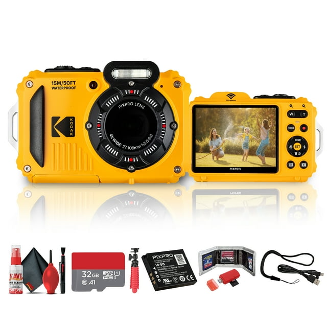 Kodak PIXPRO WPZ2 Digital Camera (Yellow) | Waterproof, Shockproof & Dustproof Camera with 16MP Sensor, 1080p Video & 4x Optical Zoom | For Travel & Outdoor use + 32GB Card + Vlogger Tripod + More