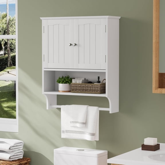 White Bathroom Cabinet Wall Mounted with Towels Bar, Bathroom Medicine Cabinet with 2 Door Adjustable Shelves, Over Toilet Cabinet for Bathroom Laundry Room Kitchen