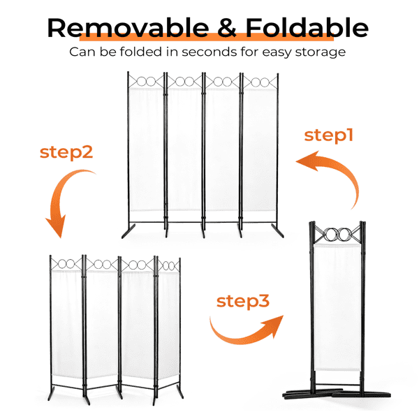 4-Fold 6FT Foldable Screen, Plastic Feet 160g Polyester Fabric Carbon Steel Frame, Off-White