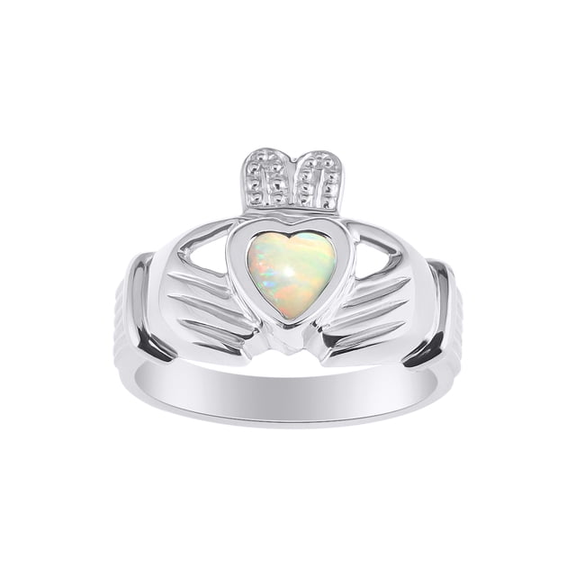 RYLOS Rings 14K White Gold Claddah Love, Loyalty & Friendship Heart 6MM Gem Irish Wedding Band Claddagh Rings October Opal Jewelry Size 13