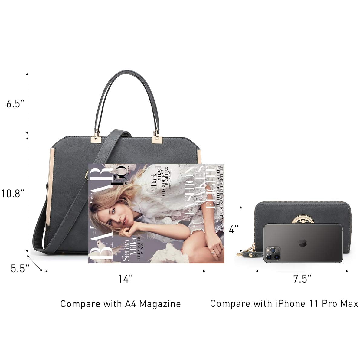 Dasein Women Large Satchel Handbag Shoulder Purse top Handle Work Bag Tote with Matching Wallet
