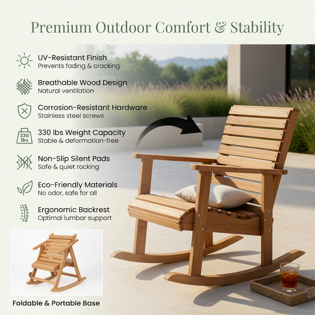 Hommoo Fir Wood Outdoor Rocking Chair with High Backrest, for Porch & Patio Seating, Brown