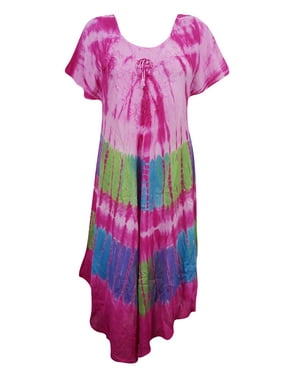 Mogul Women's Tie Dye Dress Pink Embroidered Summer Boho Chic Sundress L