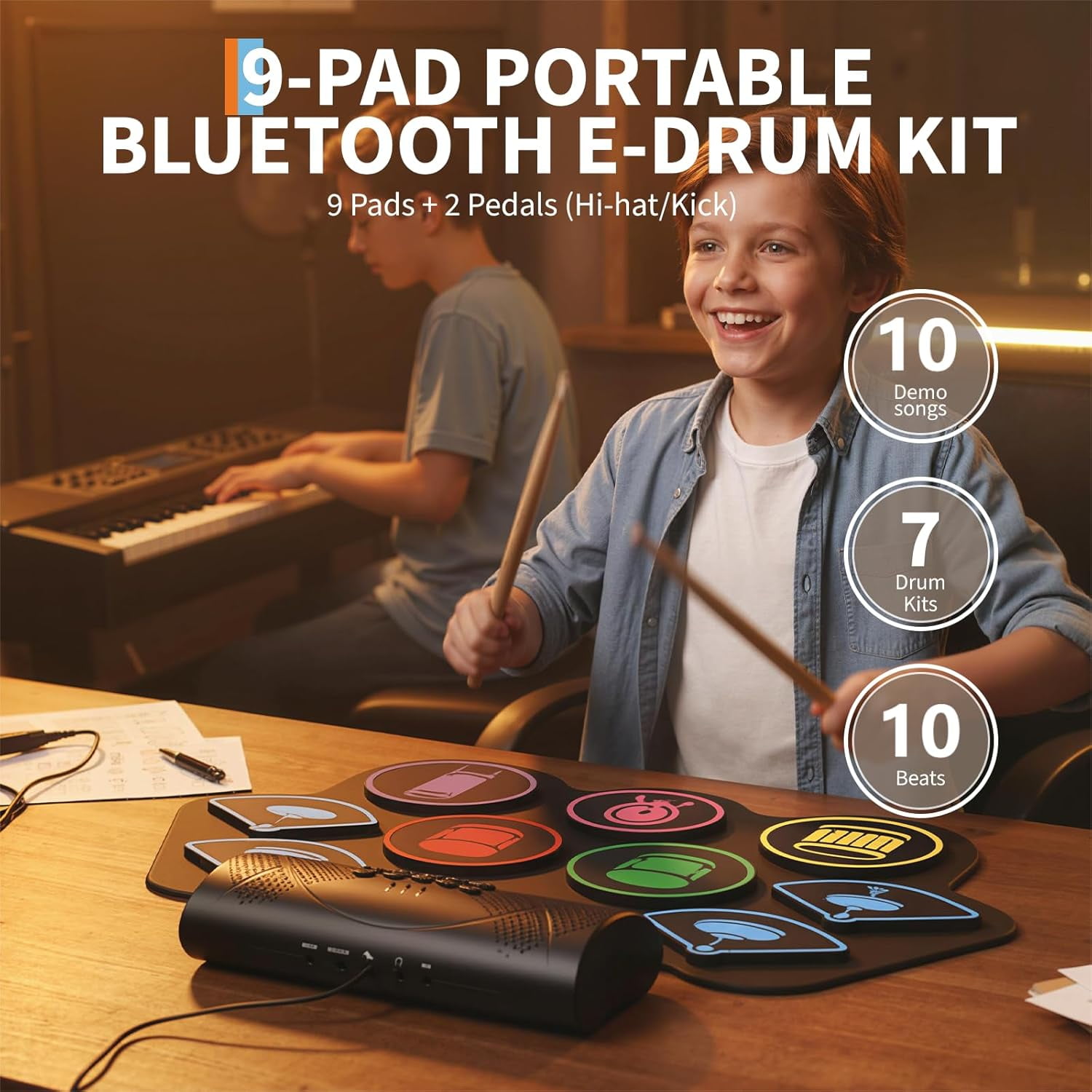 Electronic Drum Set, 9-Drum Roll-Up Practice Pad Kit with Built-In Speakers, Drum Pedals, Sticks, Bluetooth & MIDI, Portable Electric Drum Machine for Beginners