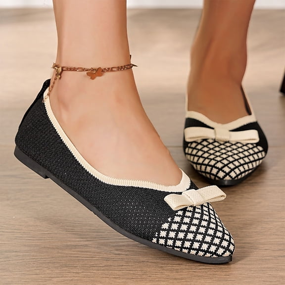 Women's Pointed Toe Flats, Breathable Knit Ballet Flats with Bow Detail, Slip on Casual Shoes for Work & Leisure