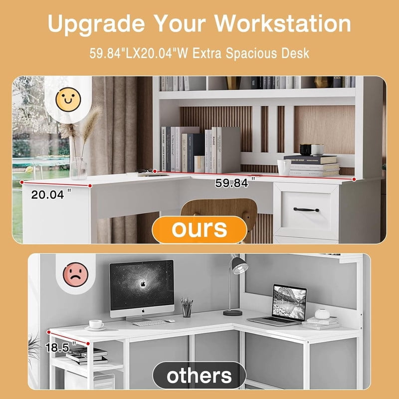 L-Shaped Executive Computer Desk with Hutch, 59.84'' Office Desk Work Desk with 2 Drawers and Storage Shelf for Home Office