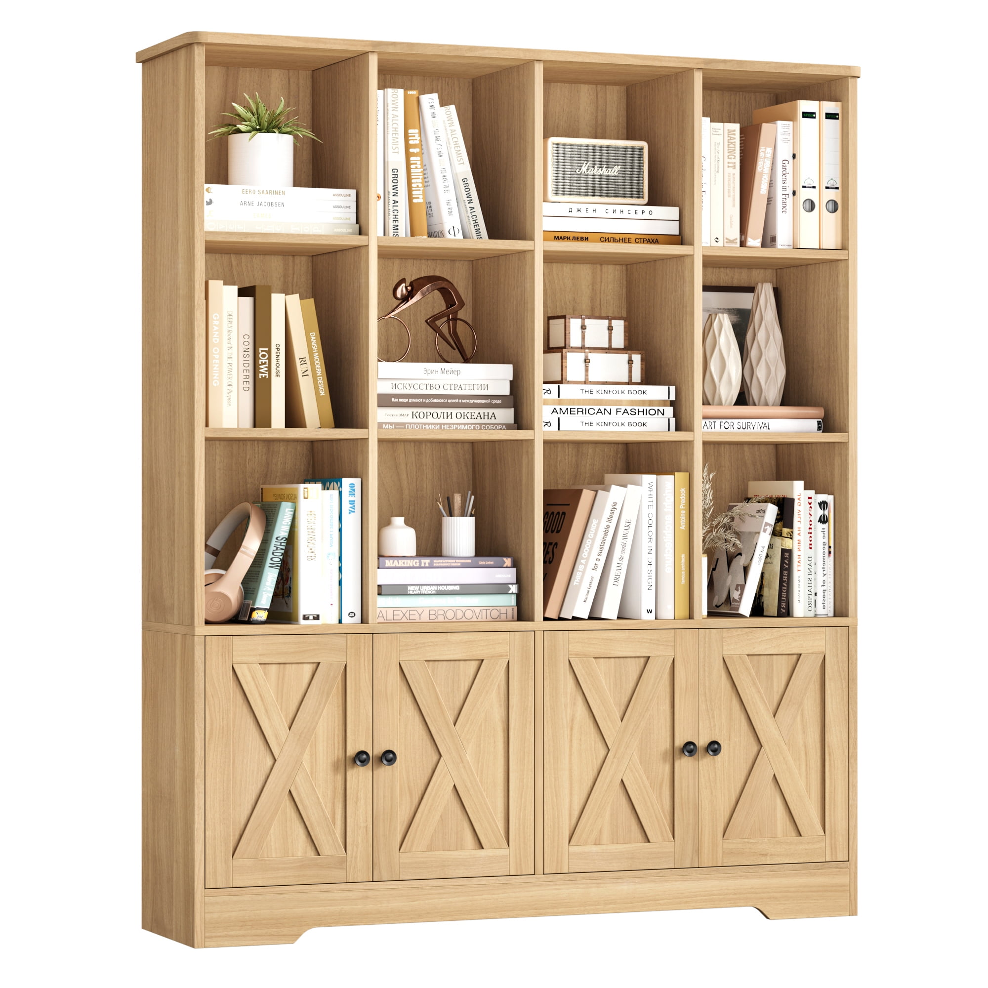 Homfa 12 Cube Double Wide Bookcase with Doors, 3 Tier Library Cabinet & Bookshelves for Home Office Living Room, Natural