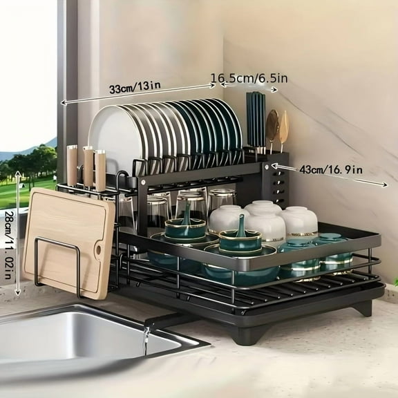2-Tier Large Stainless Steel Dish Drying Rack for Kitchen Counter - Detachable with Drainboard & Utensil Holders, Heavy-Duty Dish Drainer