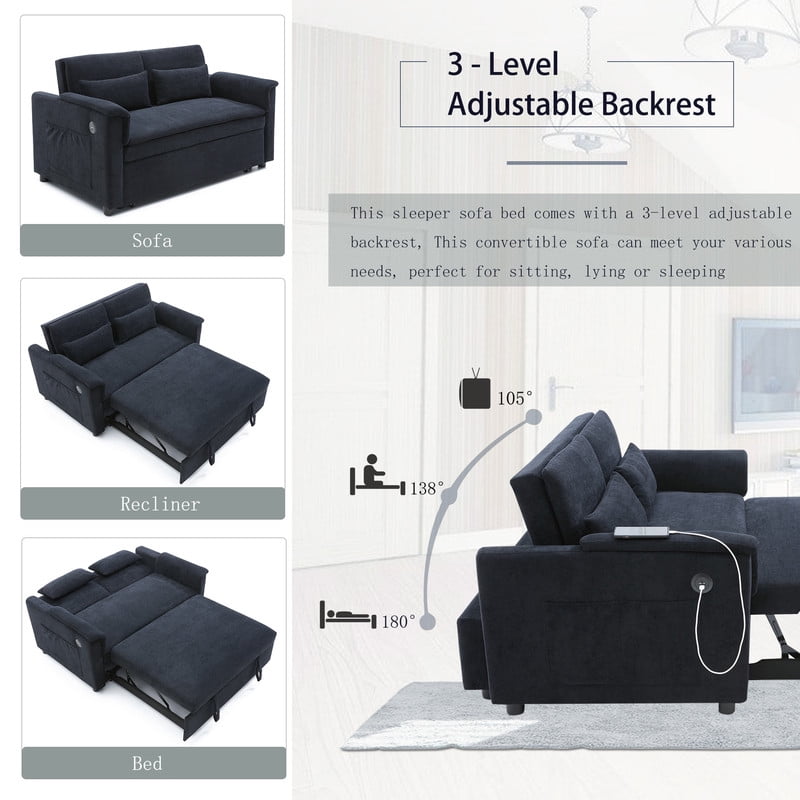 3-in-1 Convertible Velvet Pull Out Sofa Bed, Loveseat Chaise Sleeper Sofa with Adjustable Backrest, USB Ports & Side Pockets