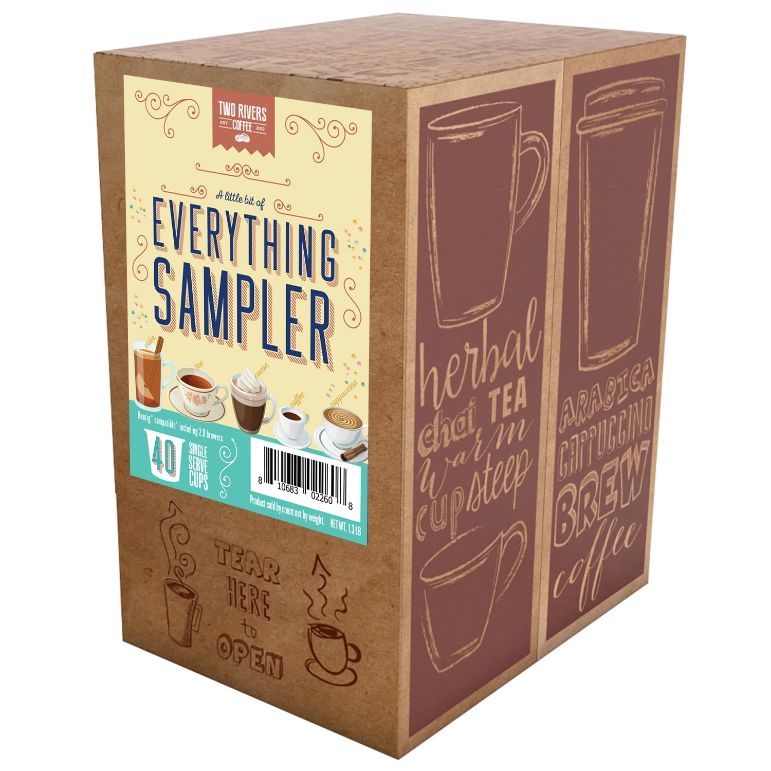 Two Rivers Coffee Bit of Everything Tea, Hot Cocoa & Coffee Pods for Keurig Coffee Brewers, 40-Pack