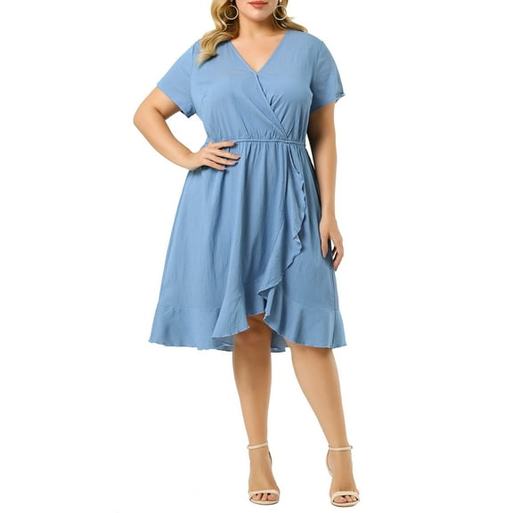 MODA NOVA Juniors' Plus Size Denim Dress Wrap Elastic Waist Ruffle Dresses