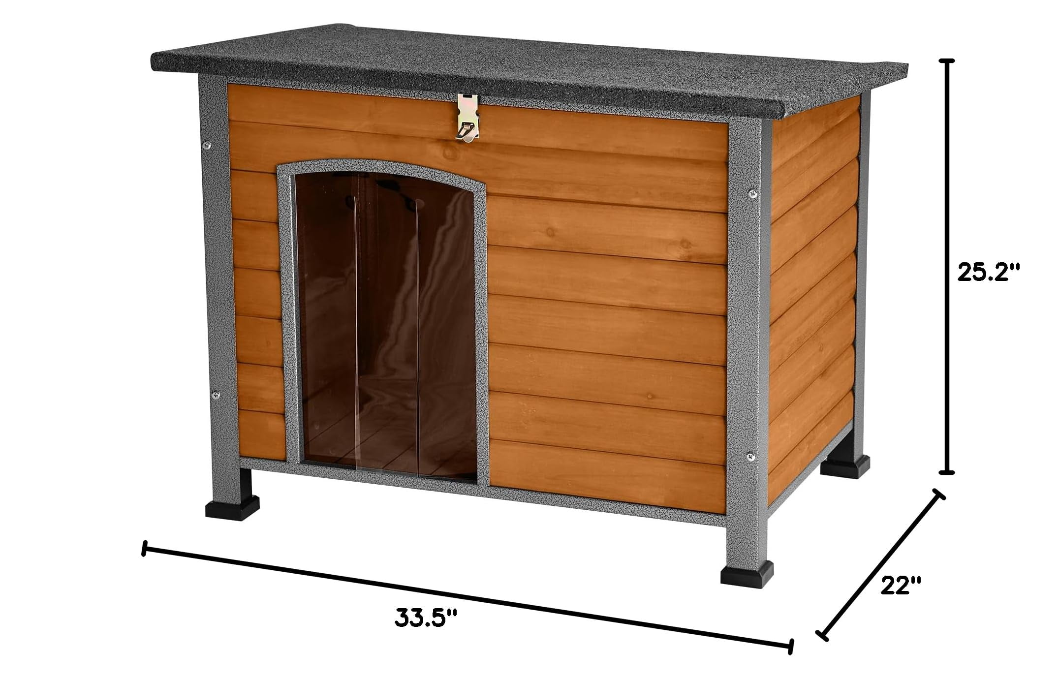 Wooden Dog House Indoor Outdoor, Chew Proof Iron Frame Kennel with Weatherproof Asphalt Roof, Spacious Shelter for Large Dogs 33.5"L X 22"W X 25.2"H Brown