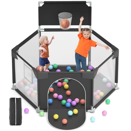 babyeap Baby Playpen with Basketball Hoop,Playpen for Babies and Toddlers,Hexagonal Fence Baby Play Yards,Black