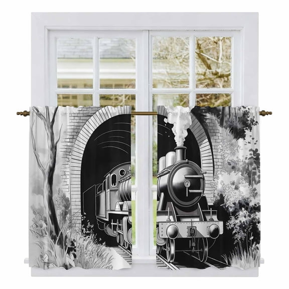 Grey Trains Kitchen Curtains 45 Inch Length, Black White Vintage Tunnels Hand Print Tiers Curtains for Bathroom Bedroom Cafe, Light Filtering Small Window Treatment Short Drapes 2 Panels 42"Wx45"L