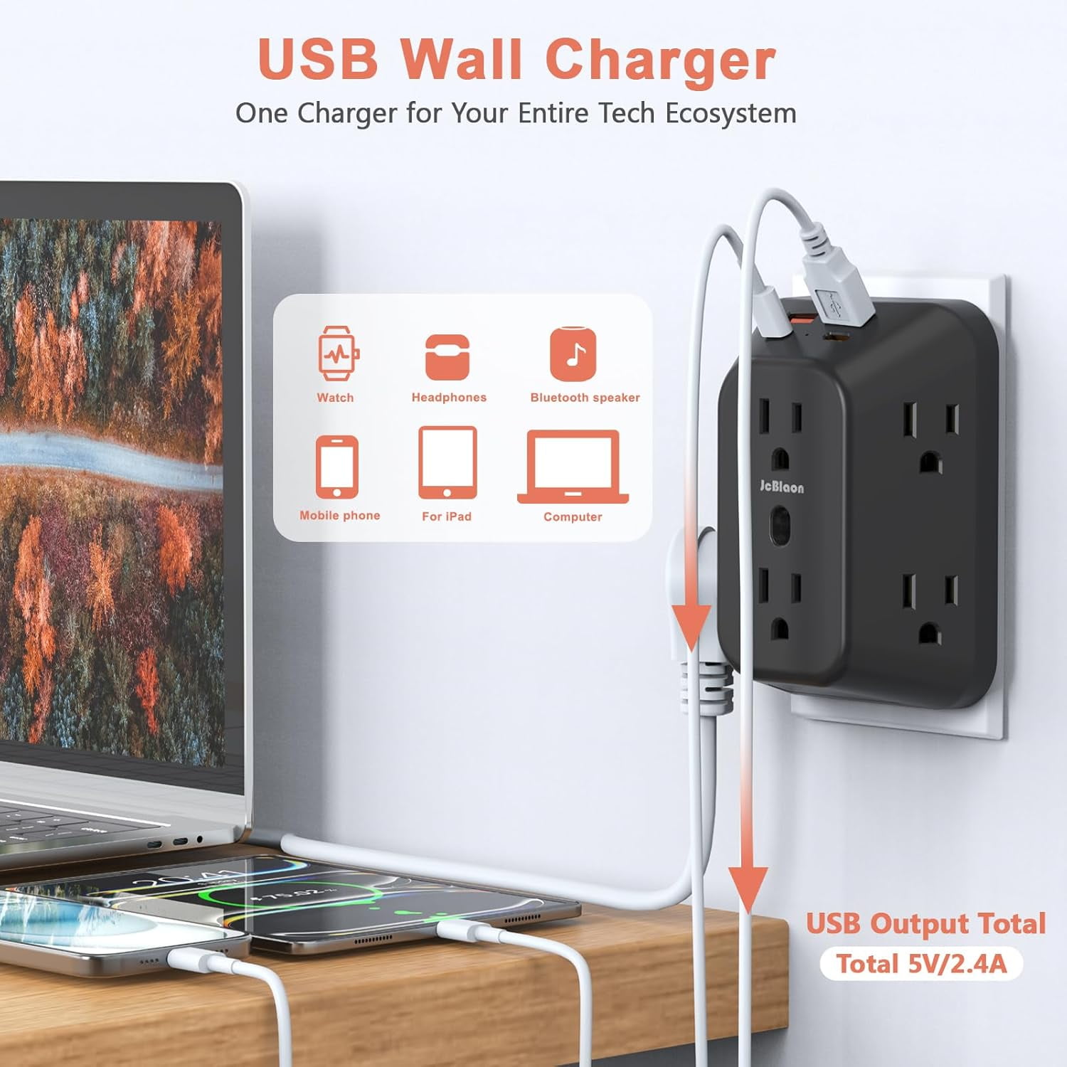 USB Wall Charr Electrical Outlet Extender, Sur Protector, 6 Outlet Splitter with 4 USB Outlet (2USB A, 2USB C) 4-Sided 1050J Power Strip Multi Plug Adapter for Home Office Travel