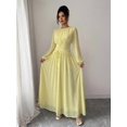 thumbnail image 5 of Light Yellow Womens Elegant Chiffon Ruched Round Neck Long Sleeve Maxi Dress For Summer Picnic Holiday, 5 of 7