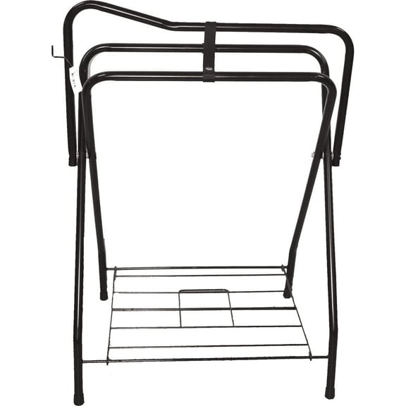 Jeffers Folding Western Saddle Rack – Black Metal Saddle Stand with Bottom Wire Storage Shelf, Compact & Portable Horse Tack Organizer for Barn, Stable, Trailer, Travel, or Home Use