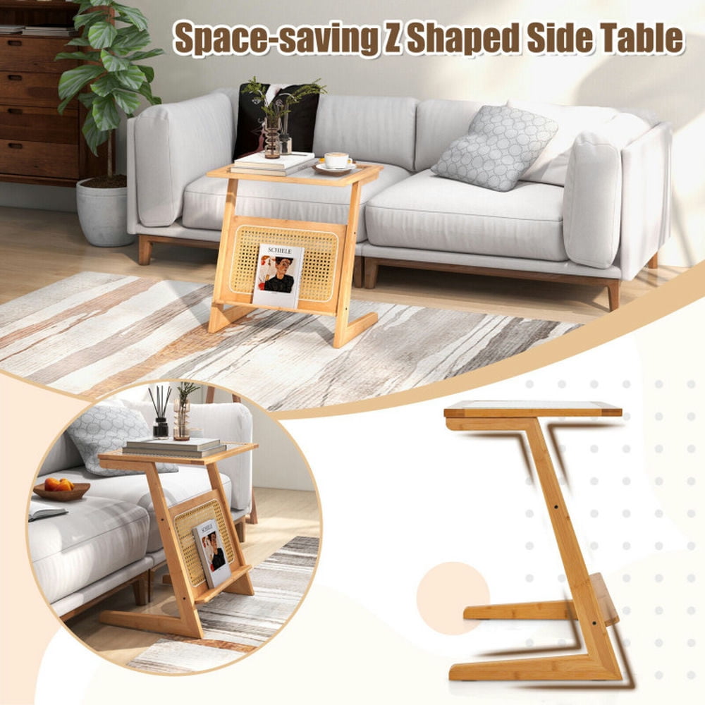 Finihen End Table, Z-shaped End Table with Magazine Rack and Rattan Shelf, Sofa Side Table, Bed Side Table, for Living Room, Bedroom, Natural Finihen End Table, Z-shaped End Table with Magazine Rack and Rattan Shelf, Sofa Side Table, Bed Side Table, for Living Room, Bedroom, Natural