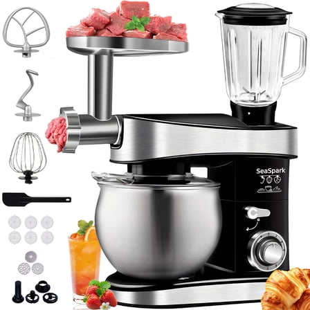 5 in 1 Multifunctional Stand Mixer, 6.3 QT Stainless Steel Bowl, Meat Grinder, Juice Blender, Egg Beater, 400W, 6 Speed, Black