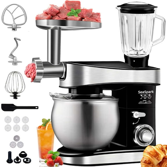 5 in 1 Multifunctional Stand Mixer, 6.3 QT Stainless Steel Bowl, Meat Grinder, Juice Blender, Egg Beater, 400W, 6 Speed, Black