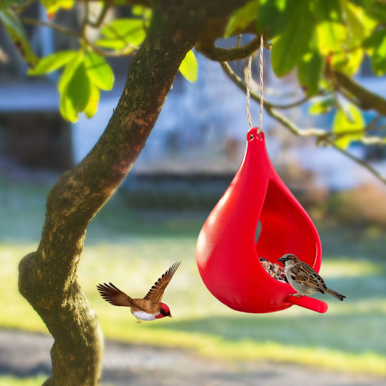 Handcrafted Hanging Fly-Through Feeder for Outdoor Garden & Backyard, Glass Bird Feeder, Decorative Wild Bird Feeder with Steel Wire Cable for Attracting Wilds Birds