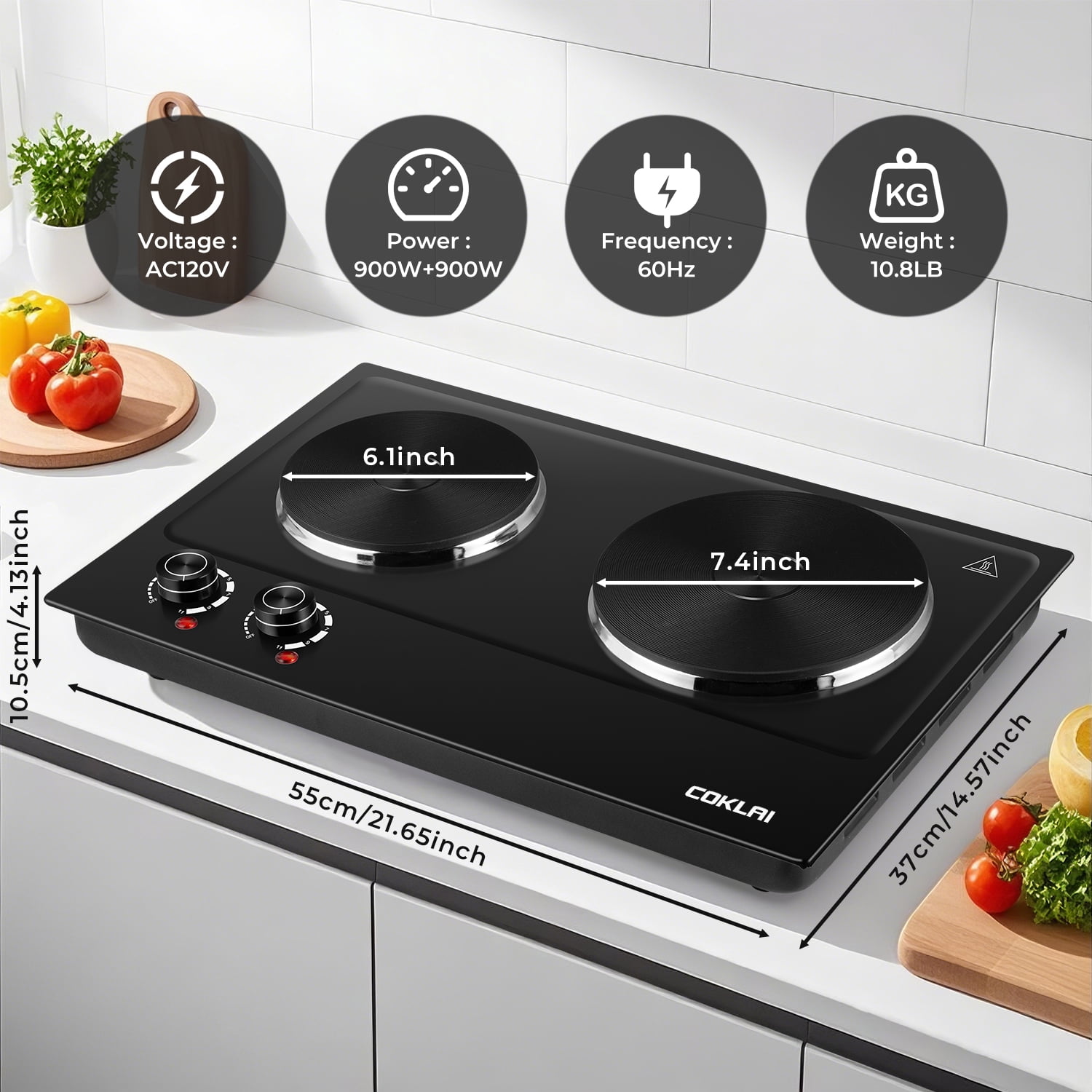 Coklai 1800W Portable Double Burner Hot Plate, Stainless Steel Countertop Electric Cooktop, Easy-to-Clean Silver Design, 2026 Version 24-month warranty