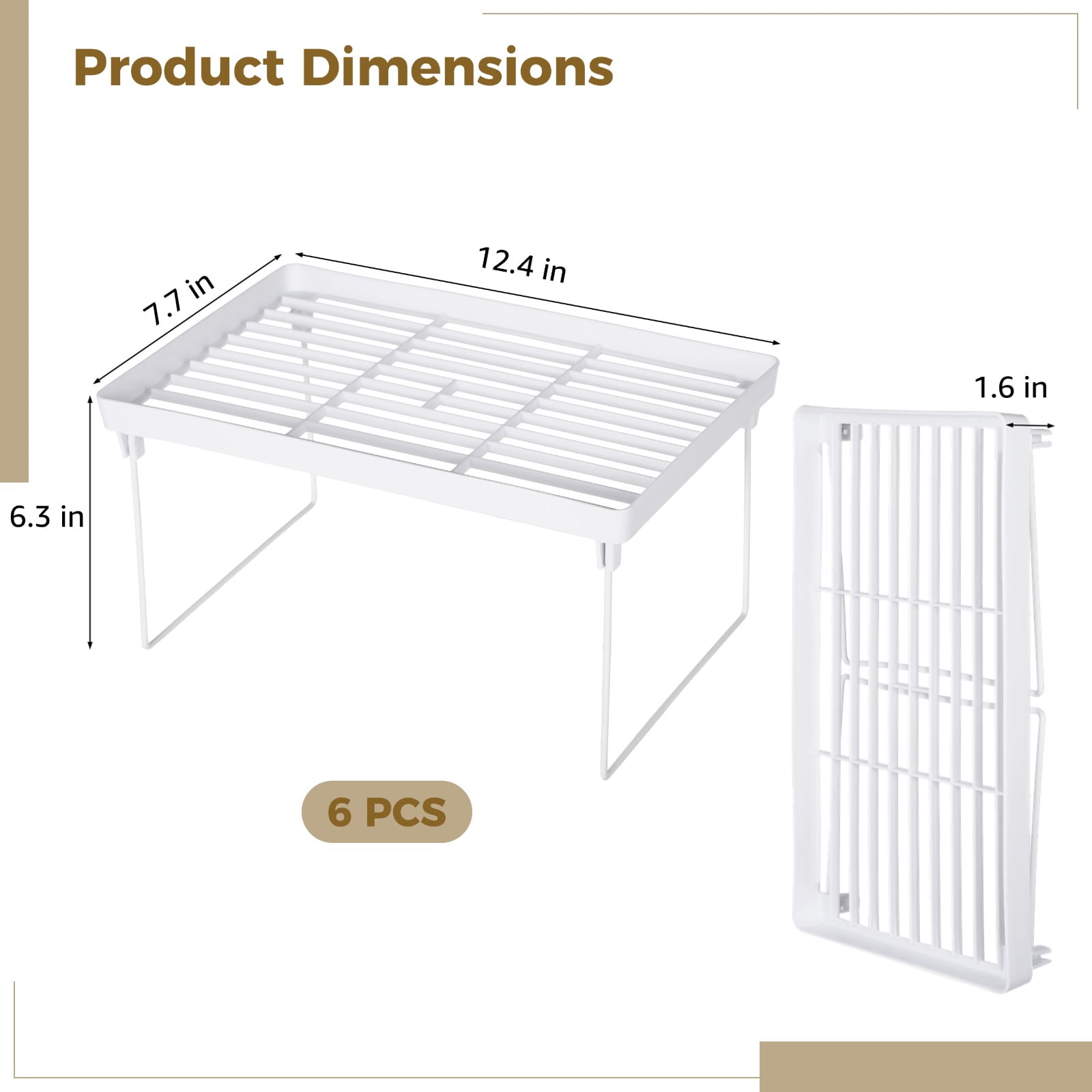 6 Pcs Foldable Organizer Shelf - 6-Tier Stackable Kitchen Rack, Organizer Shelf, White Plastic Breathable Grid with Metal Bracket, Multi-Use Storage Rack for Cabinet, Bathroom, Pantry & More