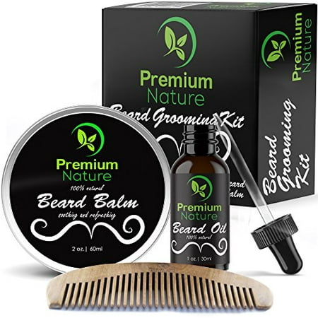 Beard Grooming Kit Gift for Him - for Mustache & Beard Growth - Soften Soothe & Moisturize Skin & Hair - Castor Jojoba Almond & More Essential Oils - Premium (Best Mustache Grooming Kit)