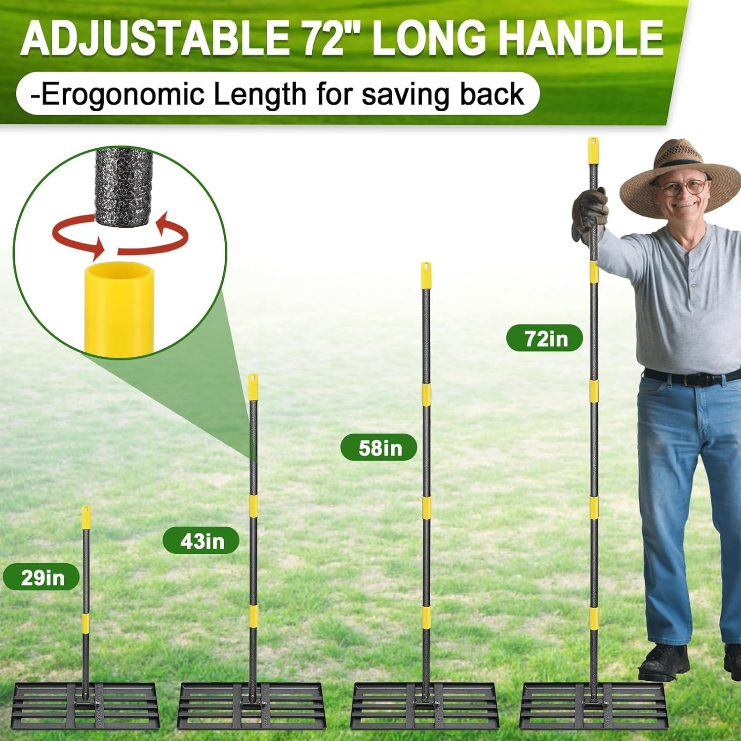 YeYeBest 27" x 10" Lawn Leveling Rake,Large Level lawn Tool, 5ft Adjustable Long Handle Level Lawn Rake for Soil Grass Golf Field