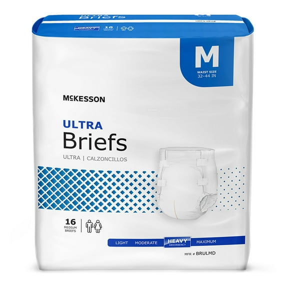 McKesson Ultra Incontinence Briefs - Absorbent, Disposable, Unisex - Medium, 16 Count, 6 Packs, 96 Total