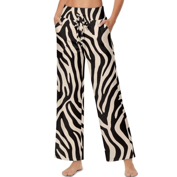 Psesaysky Women's Wide Leg Pants with Pockets High Waist Adjustable Knot Loose Casual Trousers Business Travel Casual Pants (Zebra Beige Print), Size XL
