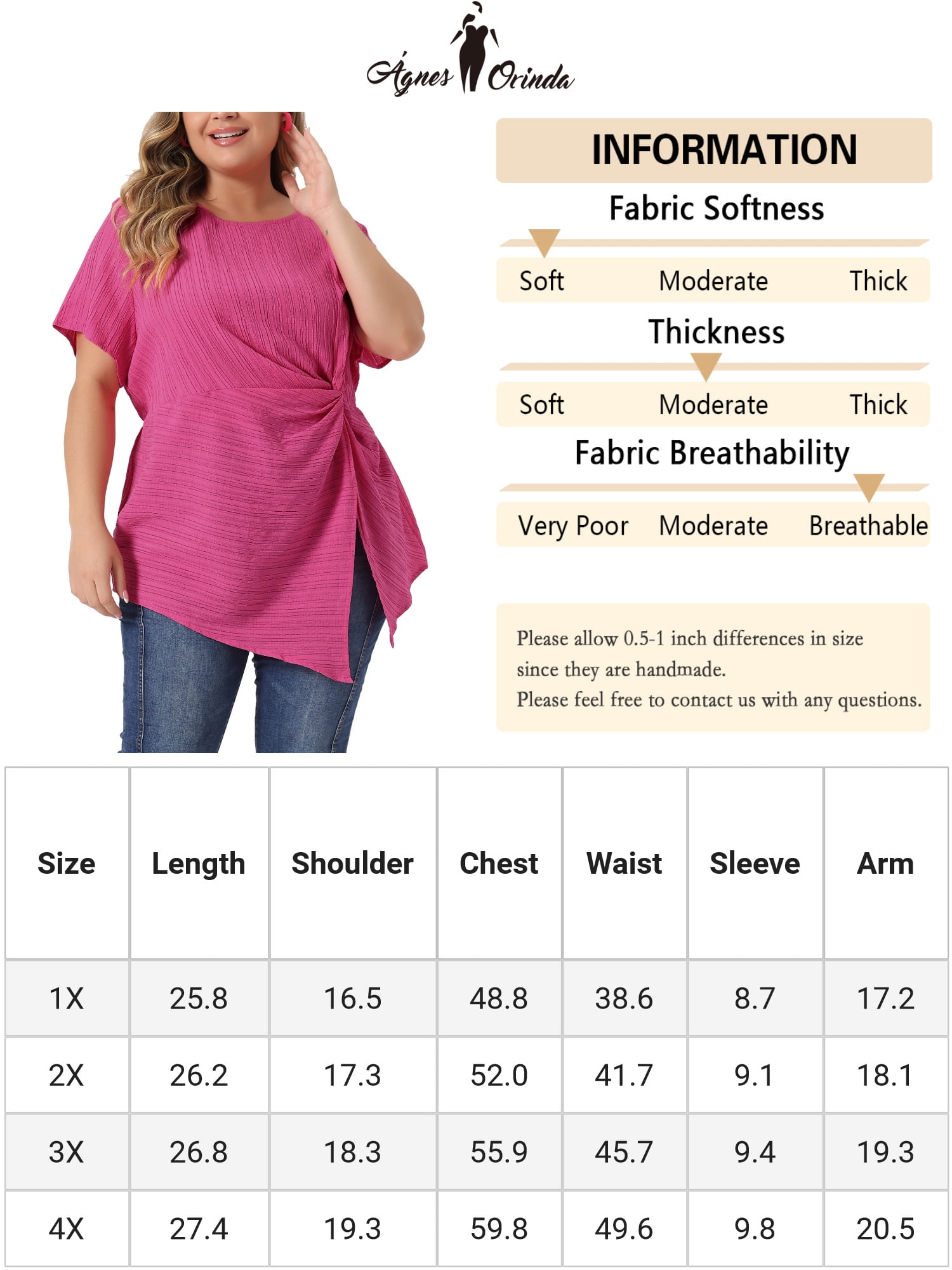 Unique Bargains Women Plus Size Asymmetrical Hem Round Neck Short Sleeve Twist Knot Top 4X Hot Pink