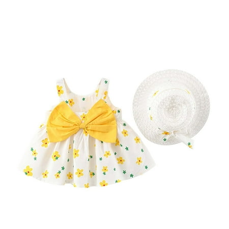 

Edvintorg 1-4Years Pretty Princess Dress For Toddler Baby Clearance Summer Beach Kids Girl Bow Print Suspender Dress With Hat Kids Dresses For Girls