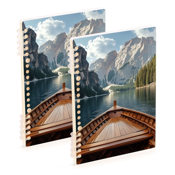 FORMRS 1-Subject Spiral Notebook 8" x 5" College Ruled 60 Refillable Sheet A5 Hard Cover, 2 Pack, Wooden Boat