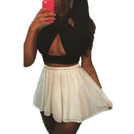

Womens Nightclub Cut Out Knot Halter Neck Front Stretch Bra Vest Crop Top