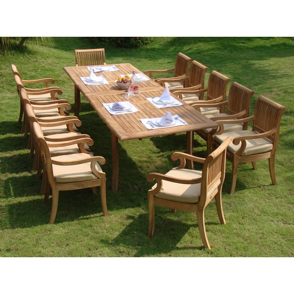 Teak Dining Set:12 Seater 13 Pc - 117" Double Extension Rectangle Table 12 Giva Arm / Captain Chairs Outdoor Patio Grade-A Teak Wood WholesaleTeak #WMDSGV11