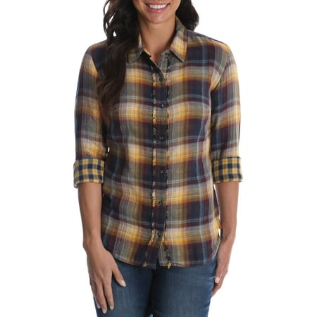 Women's Long Sleeve Woven Shirt with Fraying