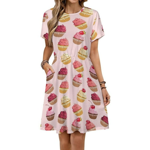 Delicious Pink Retro Cupcakes Dress Fashion Beach Short Sleeve Dresses Female Party Printed Sundress