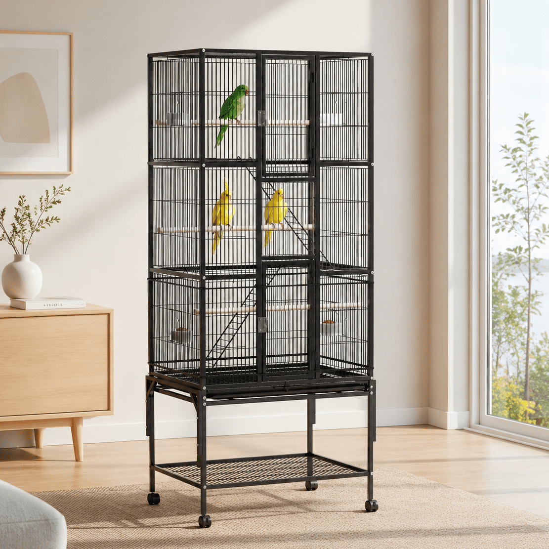 Pvpy Yvrd 69"H Large Bird Cage with Dust Cover, Birdcages with Rolling Wheels, Metal Bird Cages for All Parrot Cage Birdcage, with 3 Perches & 4 Feeders & Extra Storage Shelf & Dust Cover,Black