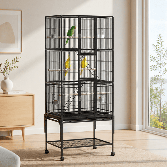 Pvpy Yvrd 69"H Large Bird Cage with Dust Cover, Birdcages with Rolling Wheels, Metal Bird Cages for All Parrot Cage Birdcage, with 3 Perches & 4 Feeders & Extra Storage Shelf & Dust Cover,Black